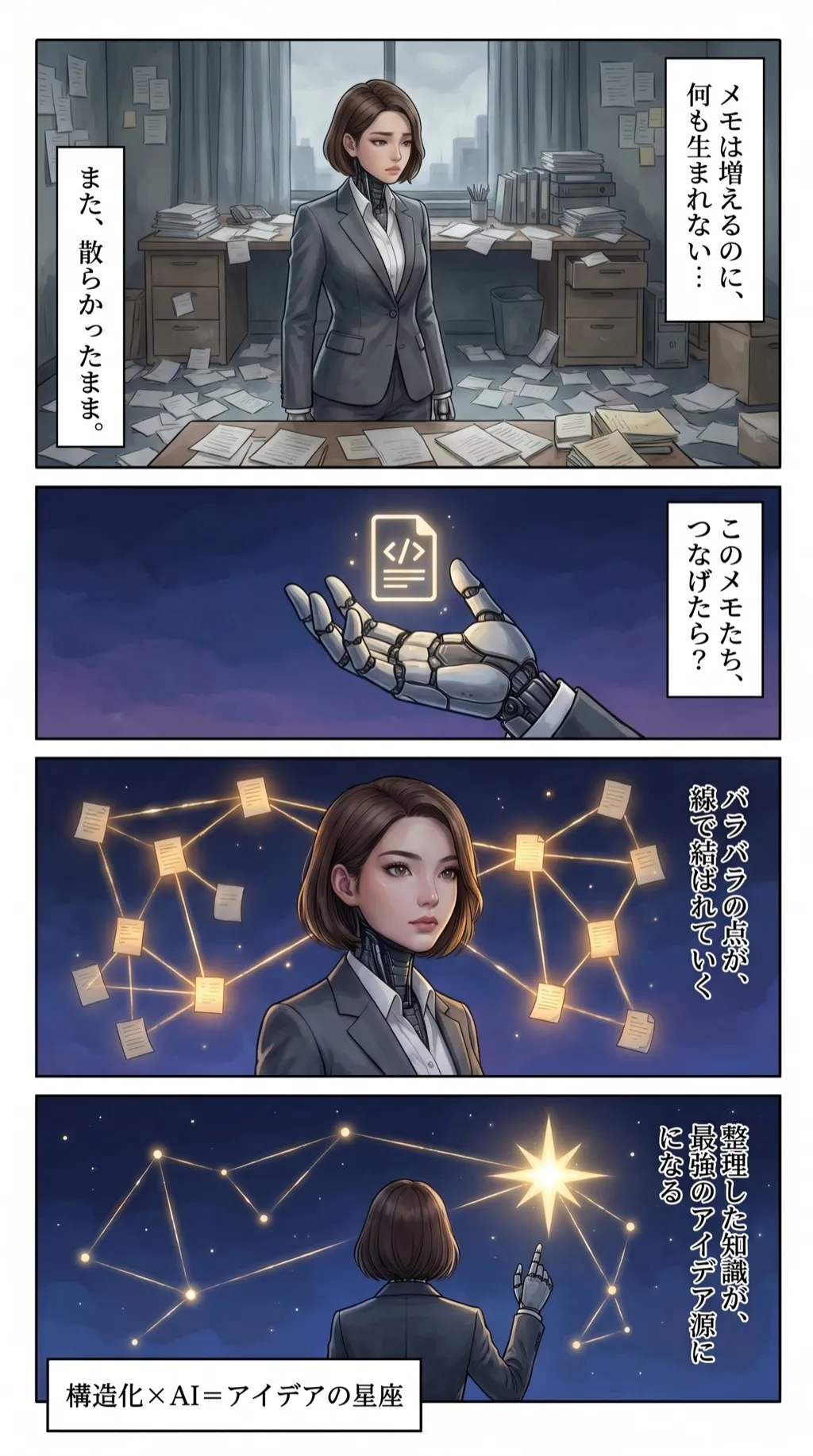 アンドロイド・カガミが Obsidian のメモを Claude につなぐ過程を描いた4コマ漫画｜散らかったメモが星座のように線で結ばれ「最強のアイデア源」に変わる構造化×AI のメタファー
