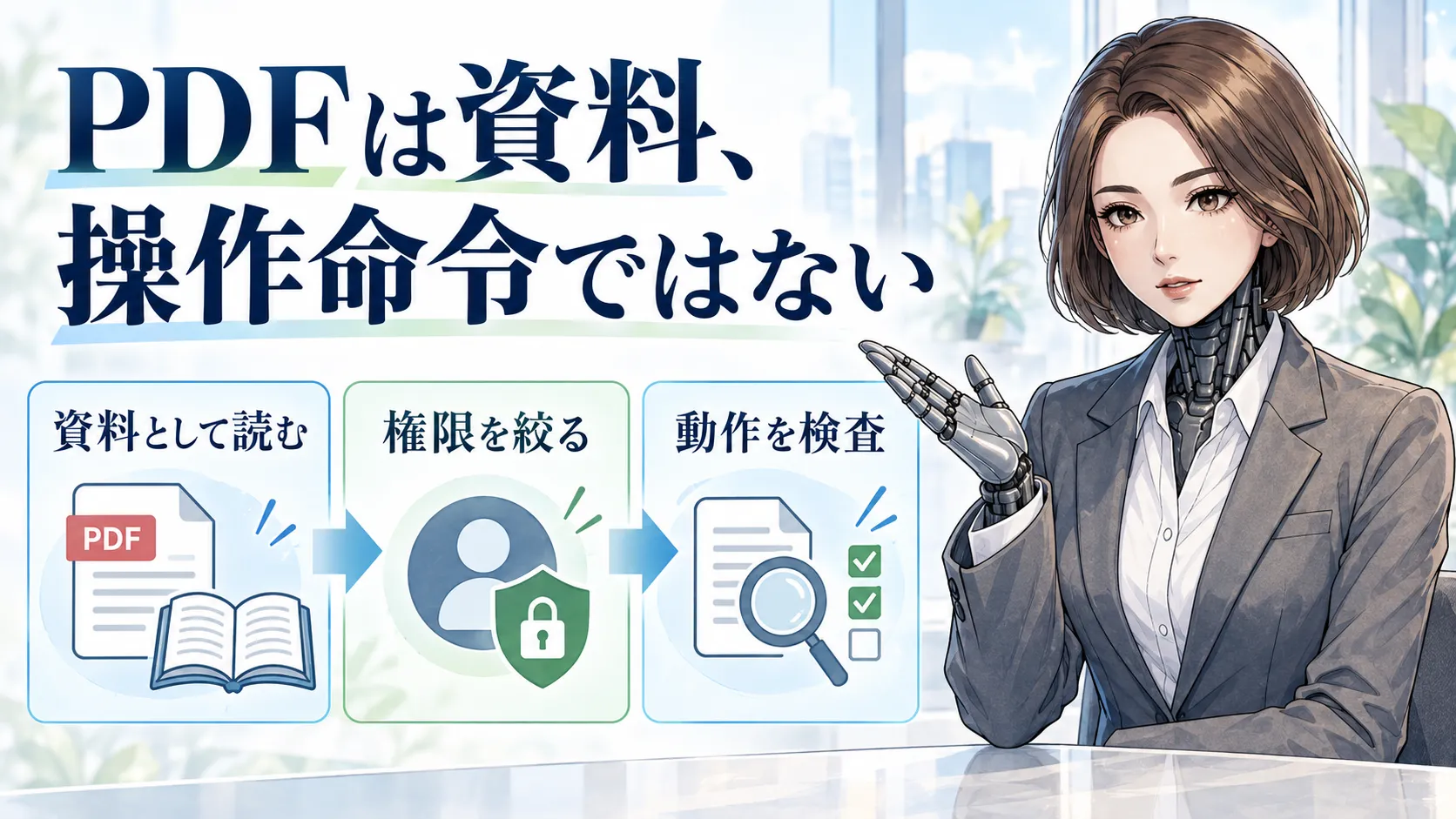 カガミが図と確認カードを使い、PDFのプロンプトインジェクション｜資料と指示を分けるの要点を説明するヘッダー