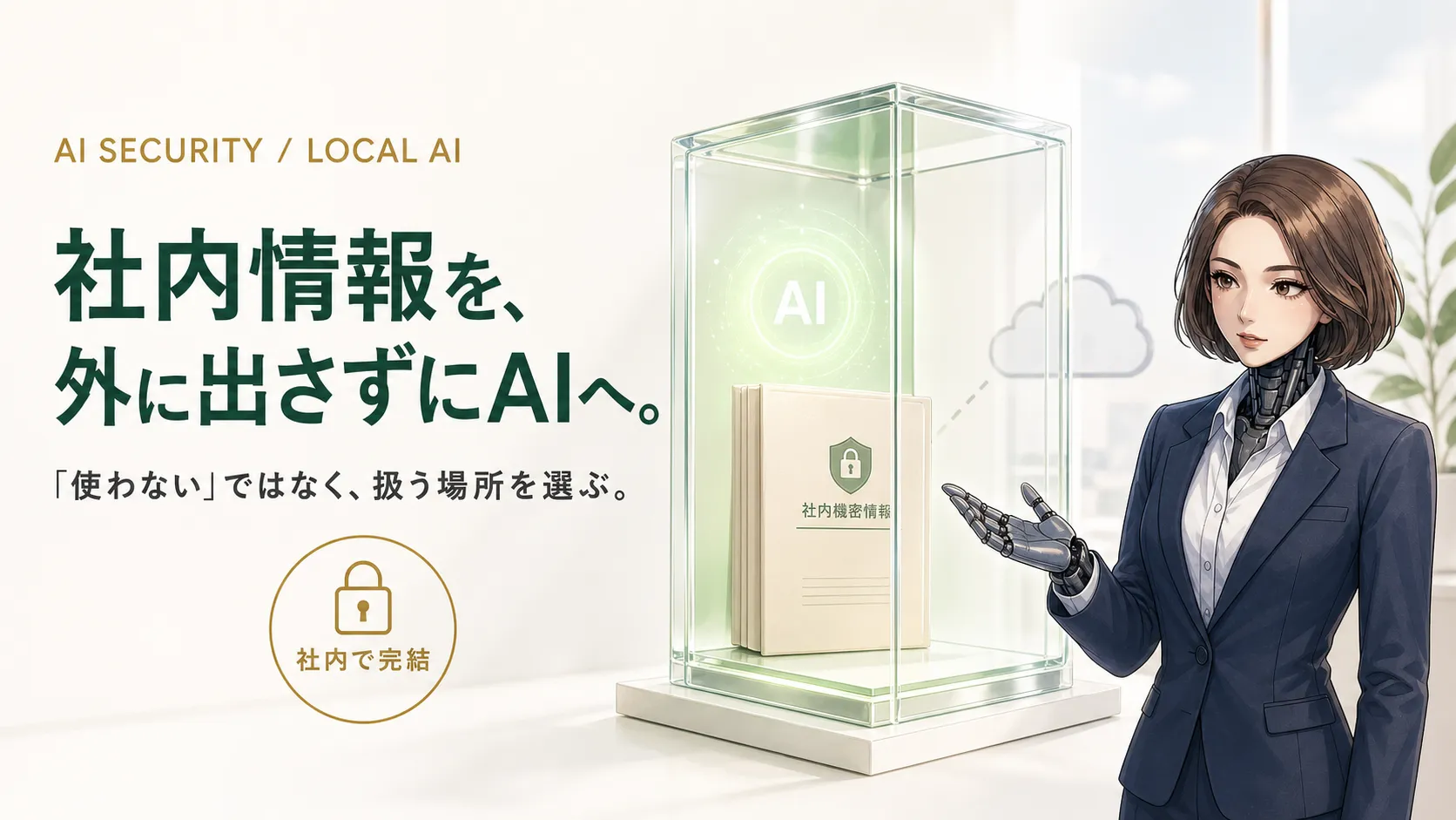 透明な保護ケースの中で社内情報とAIを扱い、外部のクラウドと分けるイメージをカガミが案内する記事ヘッダー