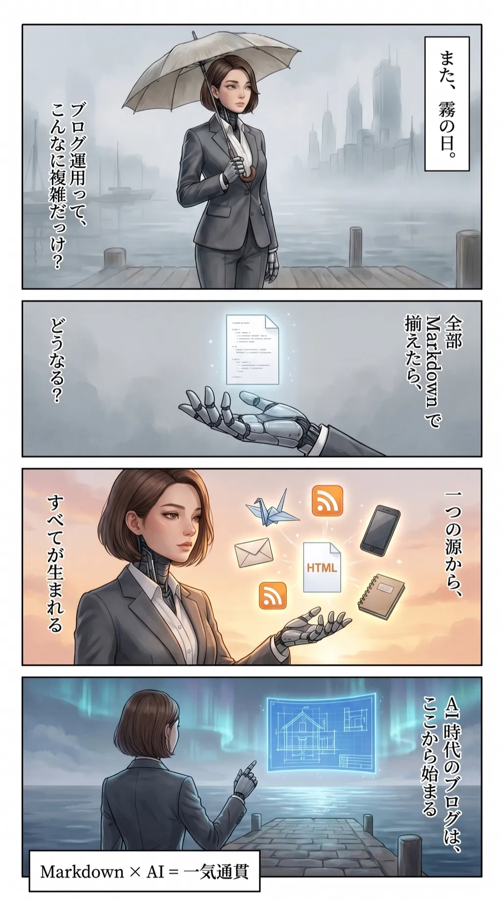 Astro FuwariとWordPressのブログ運用を比較し、MarkdownとAI自動化の流れを整理する図解アイキャッチ