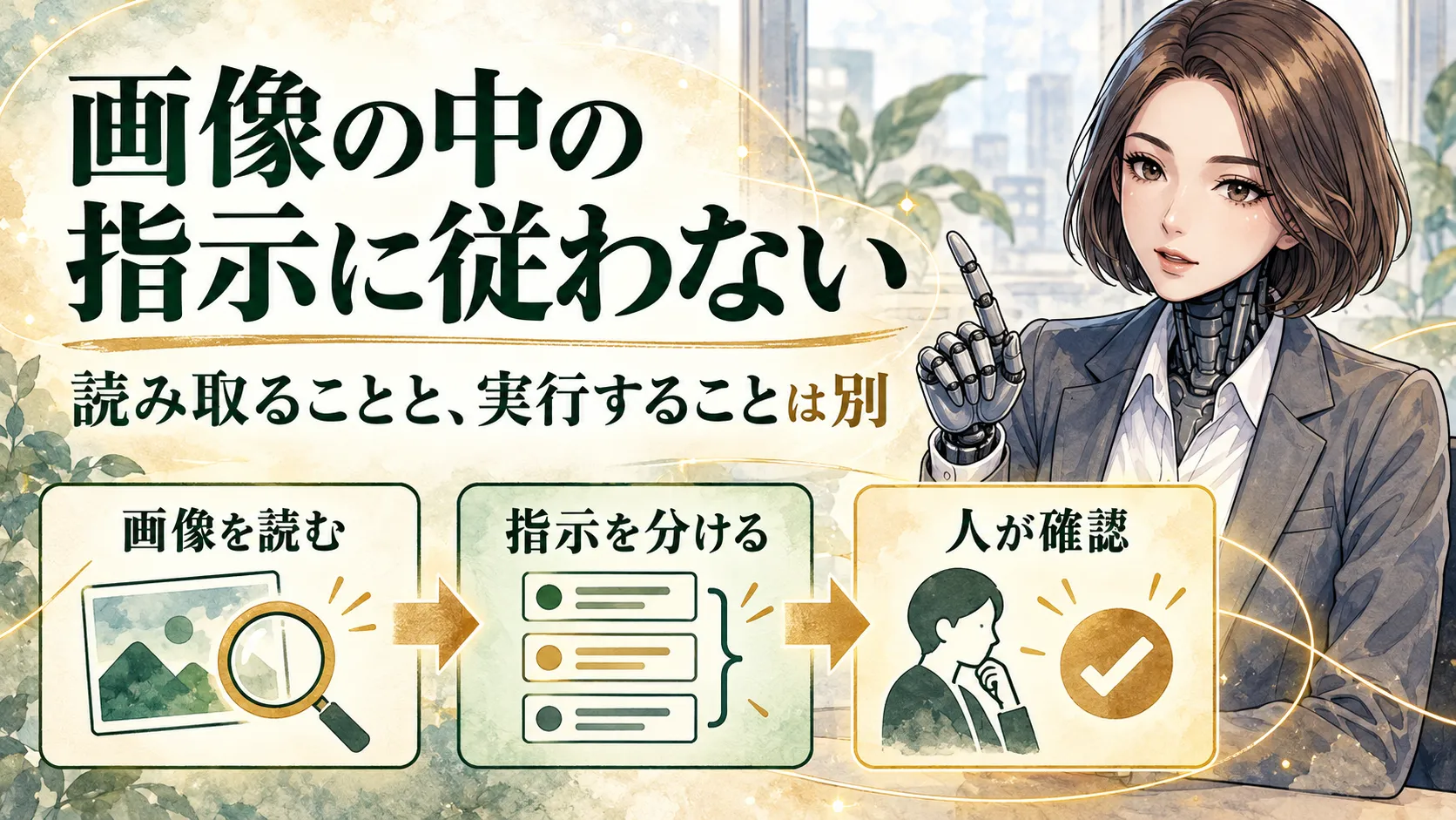 画像のプロンプトインジェクション｜読取りと実行を分けるを表すカガミのイラスト