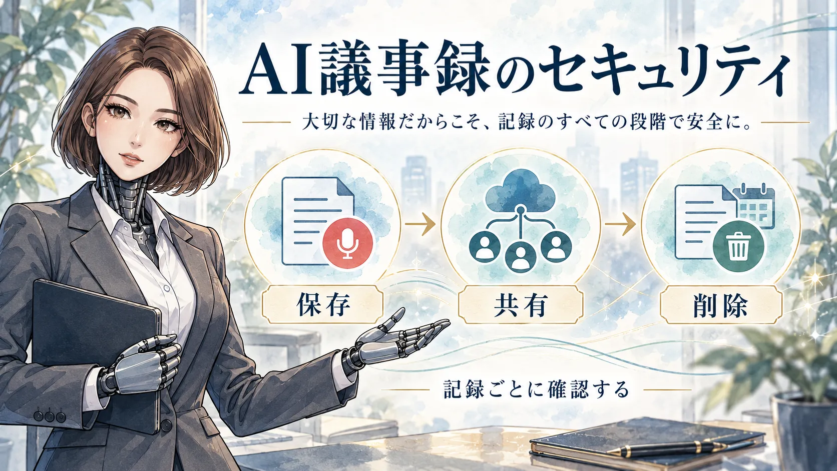 カガミが会議記録の保存・共有・削除という三つの確認を案内する図解