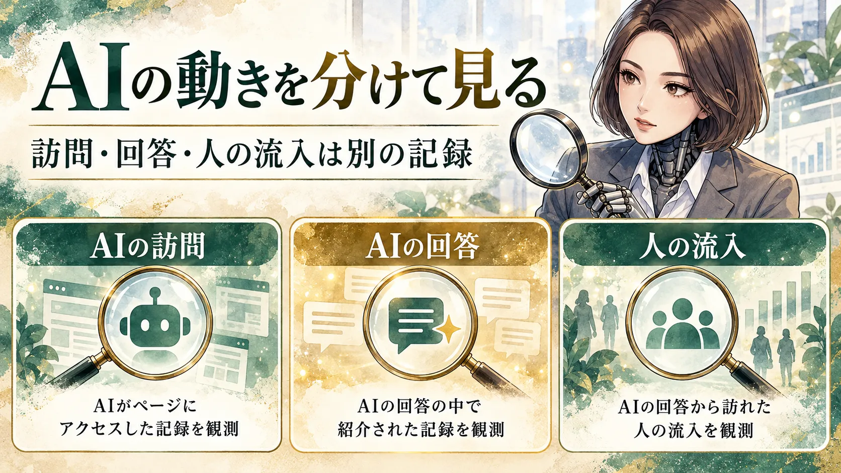 カガミがAIの訪問・回答・人の流入を別々の記録として確認する図解