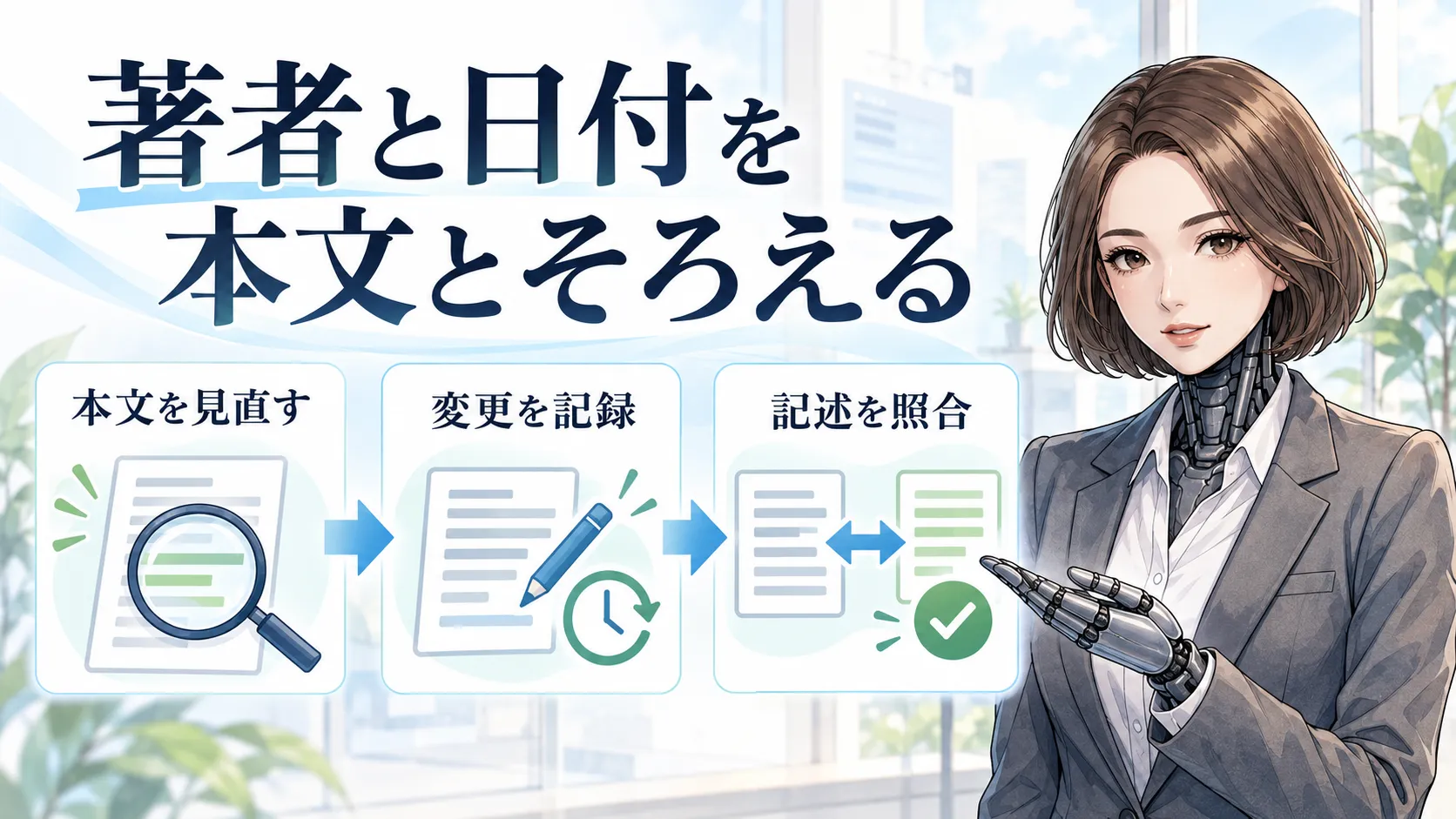 カガミが図と確認カードを使い、記事の構造化データ｜著者と更新日を本文とそろえるの要点を説明するヘッダー
