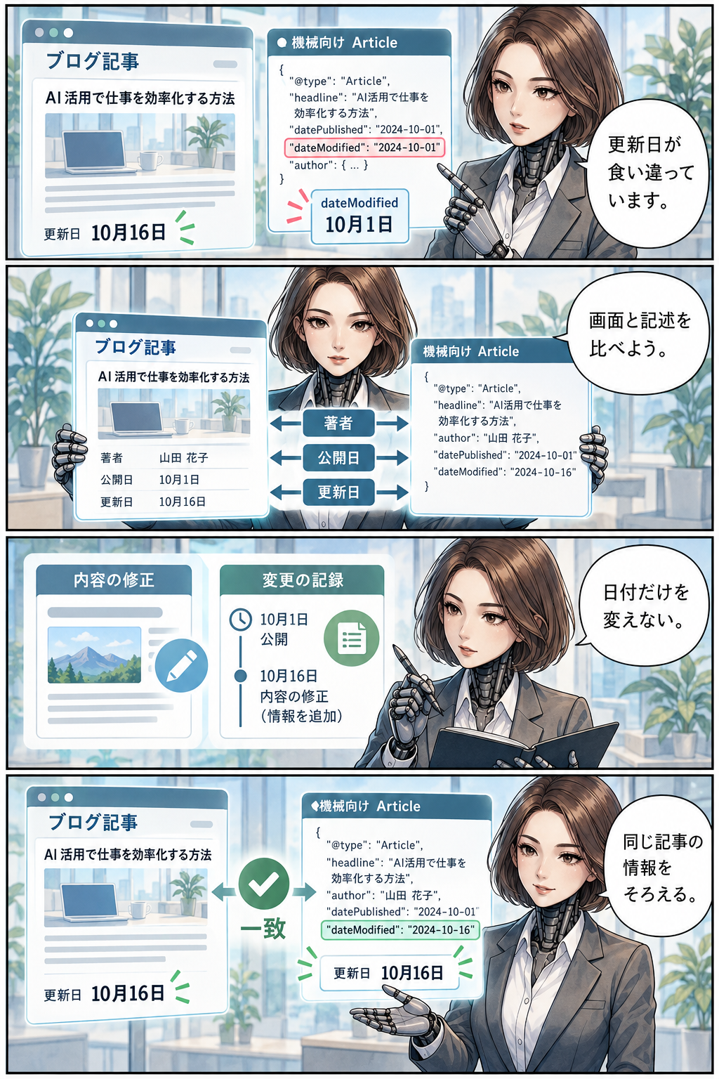 著者と日付を本文とそろえる4コマ漫画