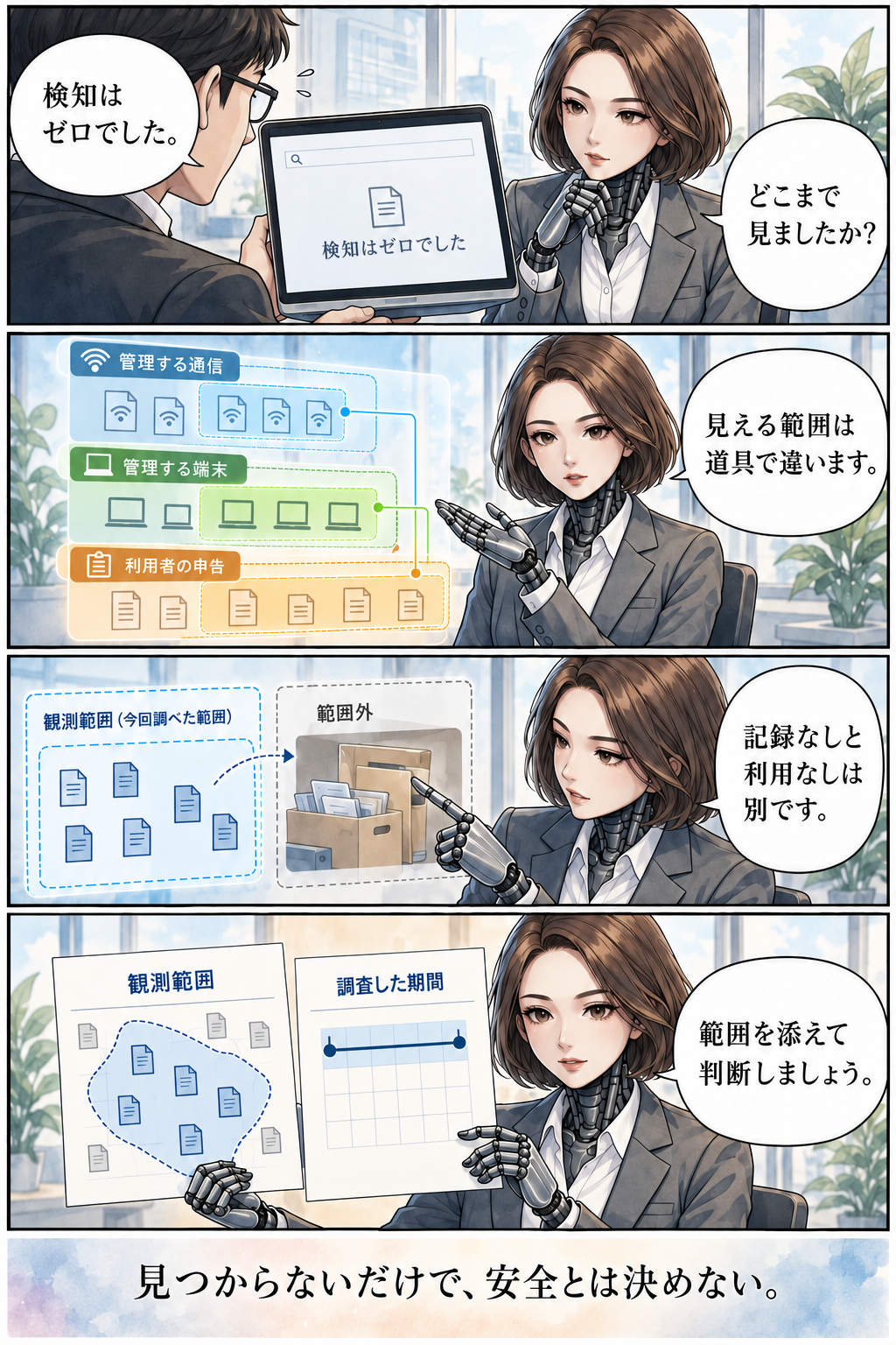 検知ゼロという結果に観測範囲を添えて判断するカガミの4コマ