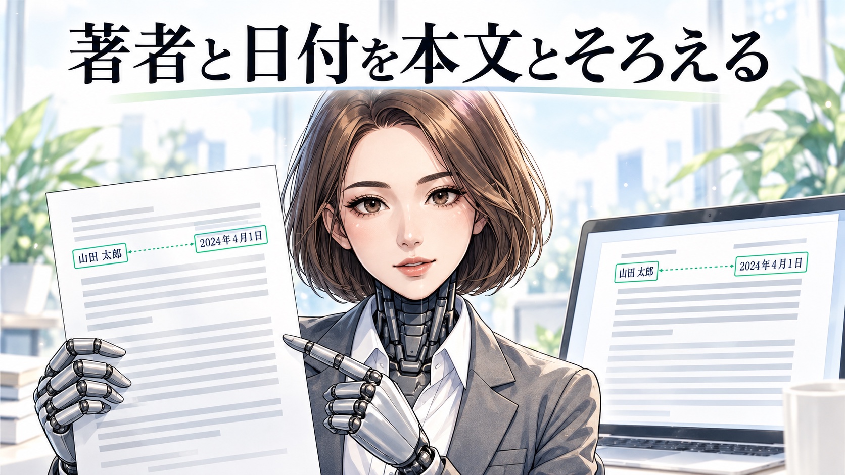 カガミが図と確認カードを使い、記事の構造化データ｜著者と更新日を本文とそろえるの要点を説明するヘッダー