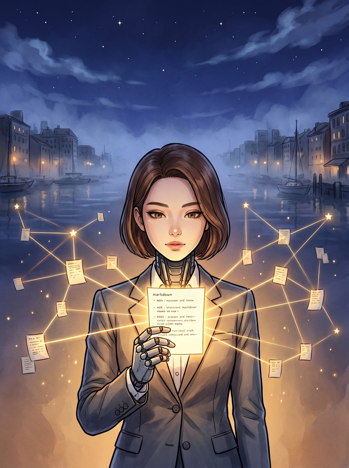 アンドロイド・カガミが Obsidian のメモを Claude につなぐ過程を描いた4コマ漫画｜散らかったメモが星座のように線で結ばれ「最強のアイデア源」に変わる構造化×AI のメタファー