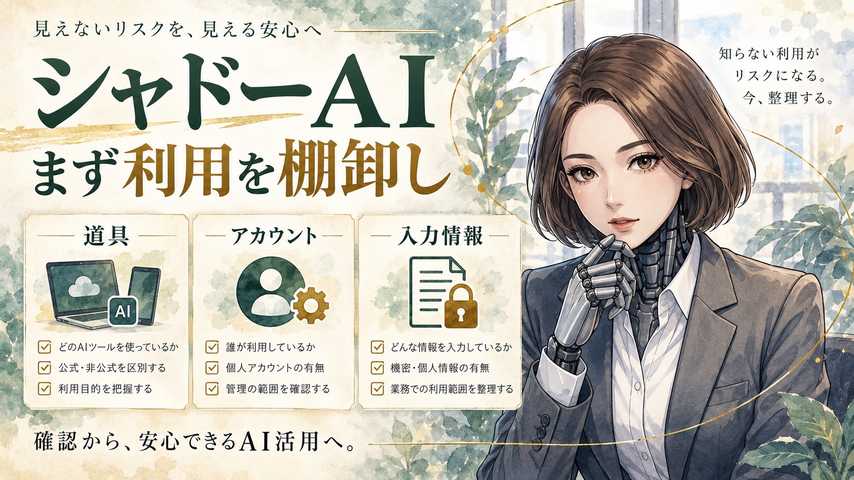 カガミが、AIの利用を聞く、入力情報を分ける、使える道具を決めるという棚卸しの三つの手順を案内する図解